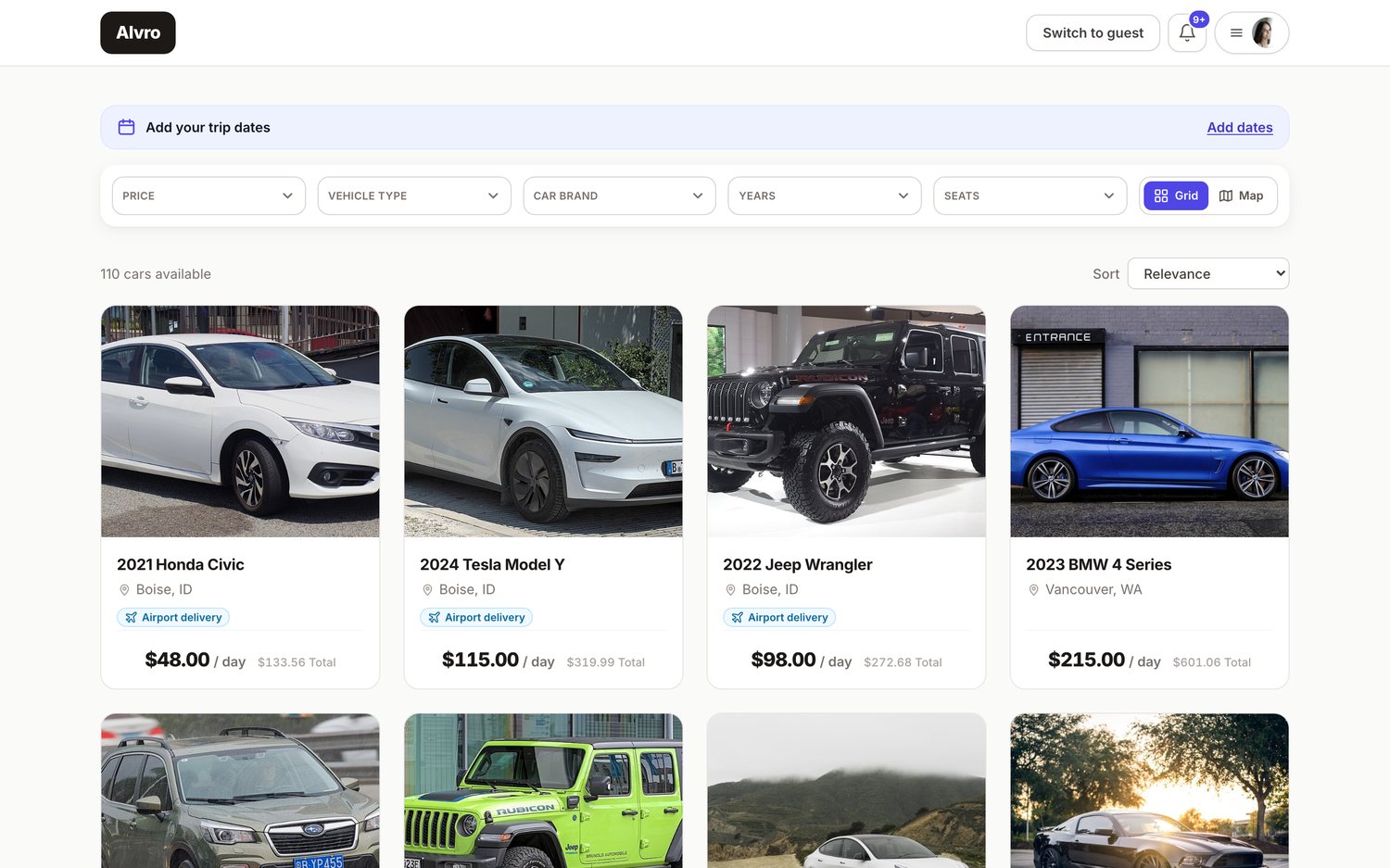 Cars listed on Alvro — real cars from local hosts with ratings and upfront pricing