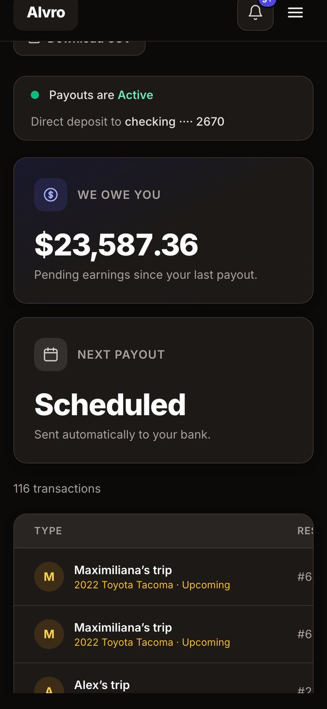 Alvro host payouts, dark mode