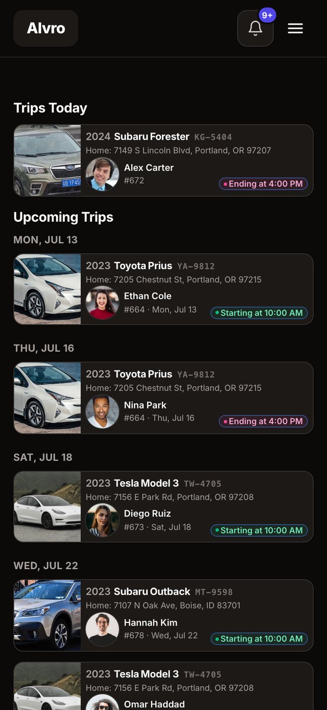Alvro host trips, dark mode