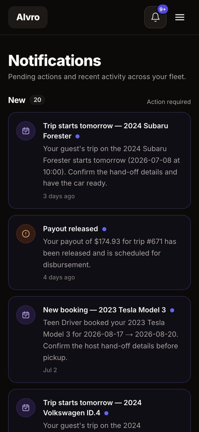 Alvro host notifications, dark mode