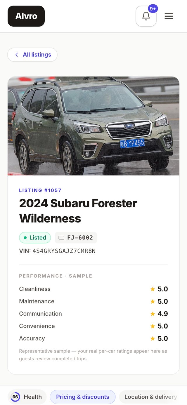 Alvro host vehicle listing