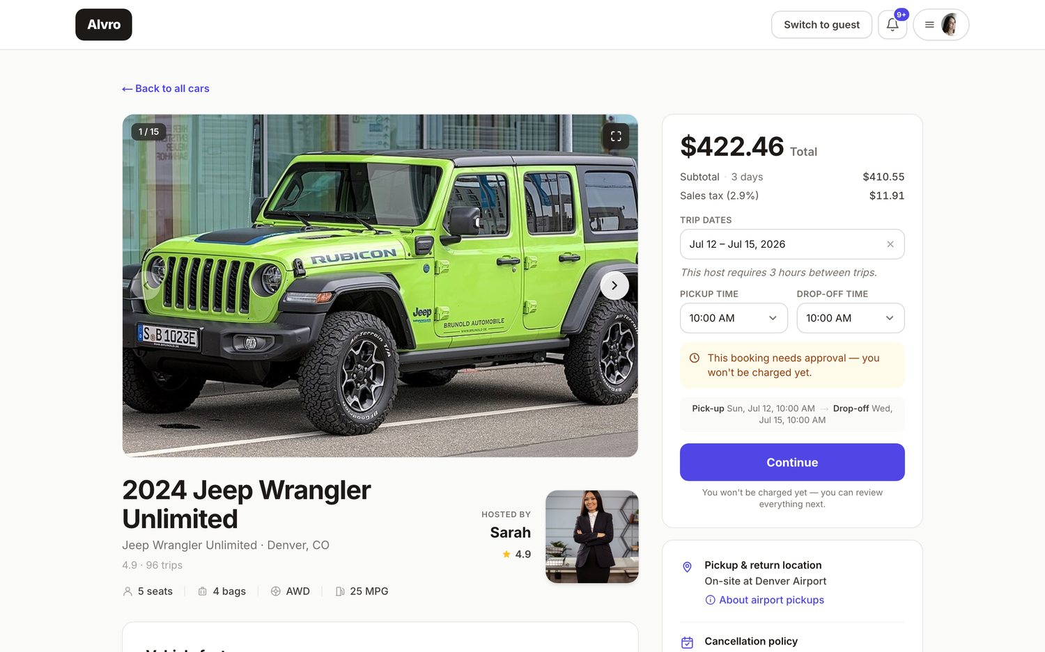 A real car listing on Alvro — photos, upfront pricing, a verified host, and instant booking